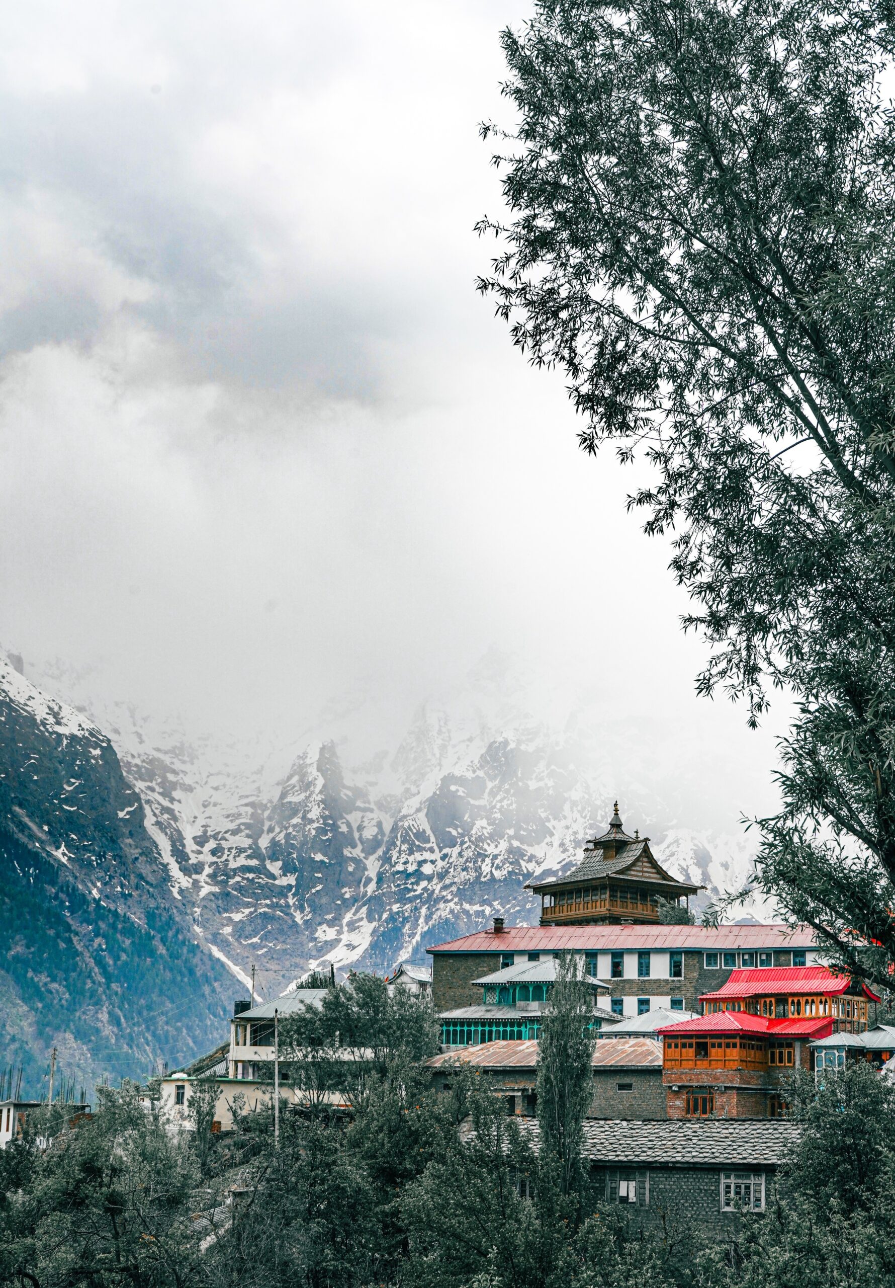 Vertical shot of Lochawa La Khang monastery in Kalpa, Himachal Pradesh during cold winter